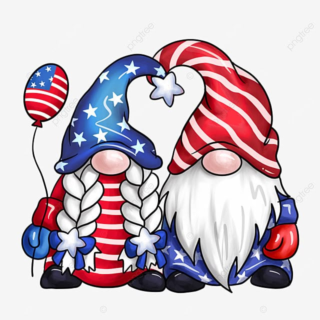 two gnomes with american flags on them, one is holding an american flag balloon