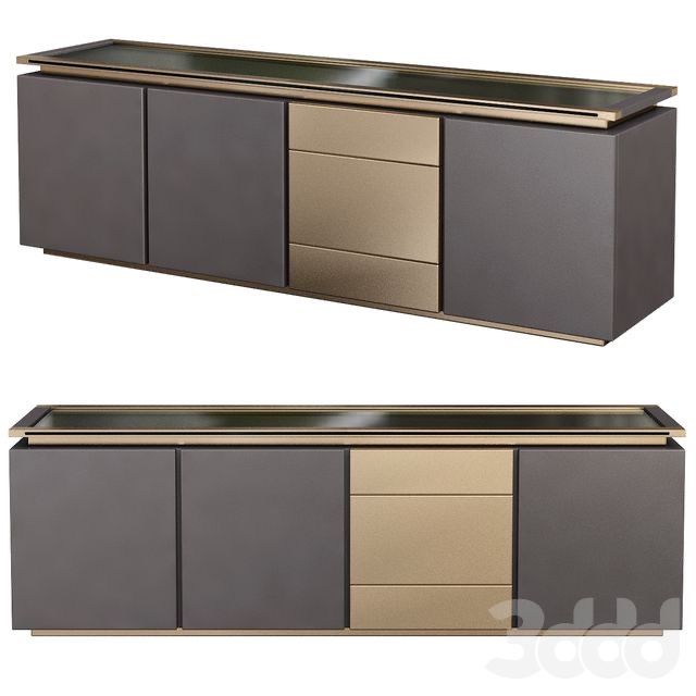 two side by side cabinets with gold and silver accents on the doors, one is closed