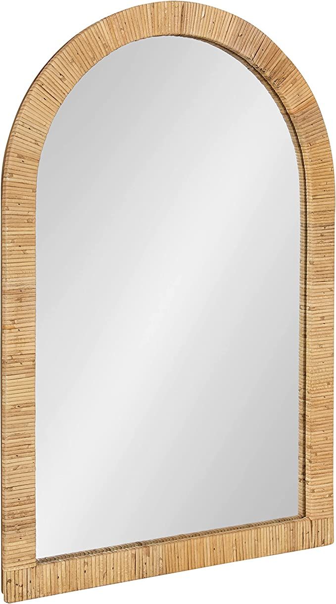 a mirror that is made out of wood and has an arch shaped design on it