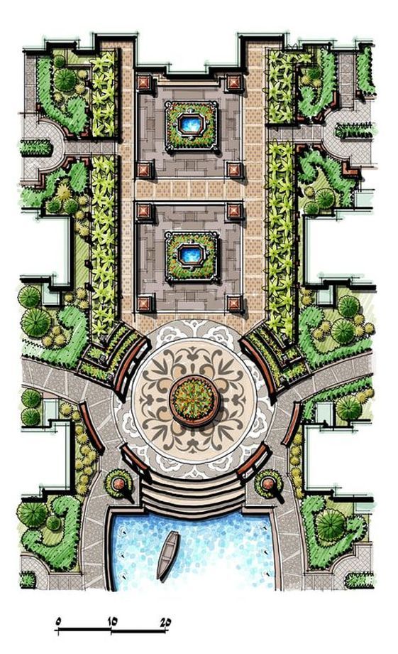 an aerial view of a garden with a fountain and water features in the ground plan