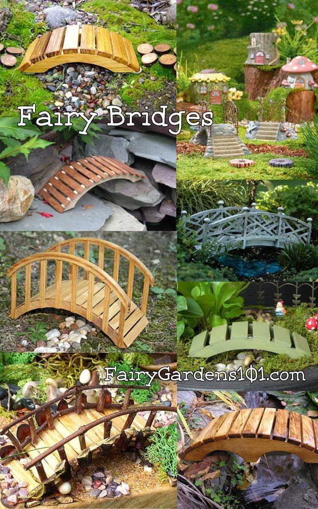 many different types of wooden bridges in the grass and rocks, with text overlays that says fairy bridges