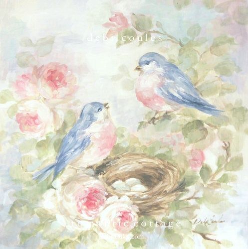 two birds sitting on top of a nest with eggs in the nest and roses around it