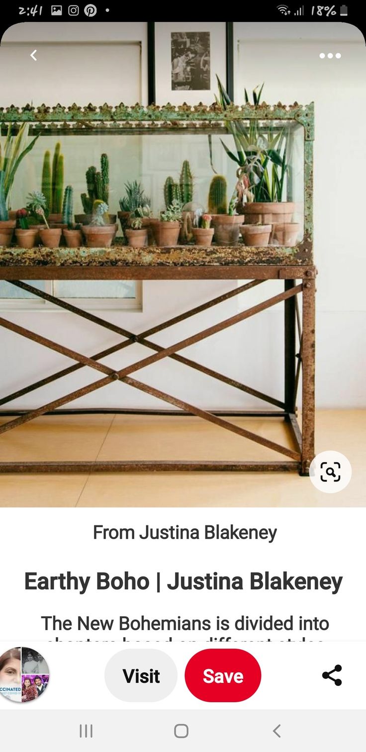 an image of a table with potted plants on it and the words earthy boho i justa blokney