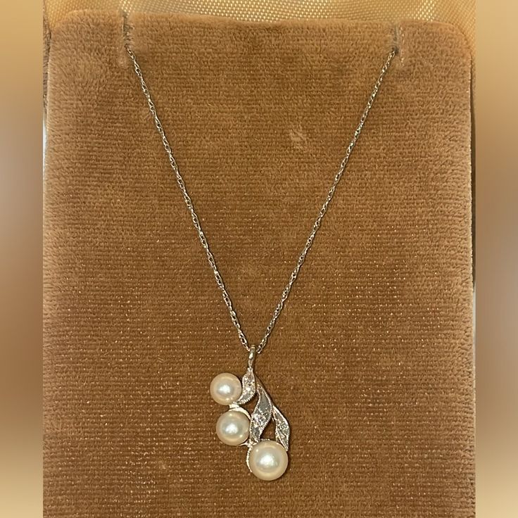 Beautiful Necklace. Solid 14k White Gold Pendant And Neck Chain. Fine Link Chain Measures Approximately 20.5” Length, And Is Stamped 14k. Pendant Features 3 Pearls And Small, Natural Round Cut Diamonds In A Bit Of A Freeform Flower, Leaf Design. The Pendant Is An Antique Piece. Not Stamped, Jeweler Tested 14k. Price Is Firm Please. Dainty White Gold Pearl Necklace For Formal Occasions, Formal Dainty White Gold Pearl Necklace, Formal 14k White Gold Necklaces, Delicate Akoya Pearl Necklace In White Gold, Formal 14k Gold Necklace With Pearl Pendant, Delicate White Gold Akoya Pearl Necklace, Elegant 14k Gold Hallmarked Necklace, Formal 14k White Gold Pearl Necklace, Formal White Gold 14k Pearl Necklace