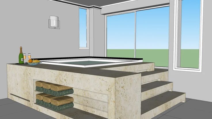 a drawing of a bathroom with a jacuzzi tub in the middle and two towels on the bottom