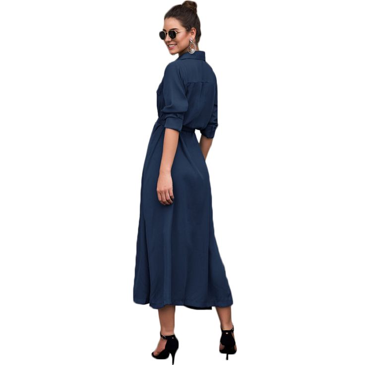 Navy Blue Button Down Split Maxi Shirt Dress Blue Shirt Dress With Roll-up Sleeves For Work, Chic Blue Midi Shirt Dress, Workwear Button-up Shirt Dress In Solid Color, Workwear Solid Color Button-up Shirt Dress, Collared Blue Maxi Dress For Spring, Blue Shirt Dress With Roll-up Sleeves For Summer, Blue Collared Midi Dress For Fall, Blue Collared Dress With Button Closure, Blue Midi Dress With Button Cuffs For Work