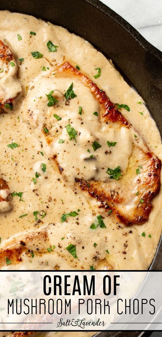 cream of mushroom pork chops in a cast iron skillet with text overlay