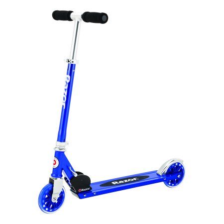 the scooter is blue and has two wheels