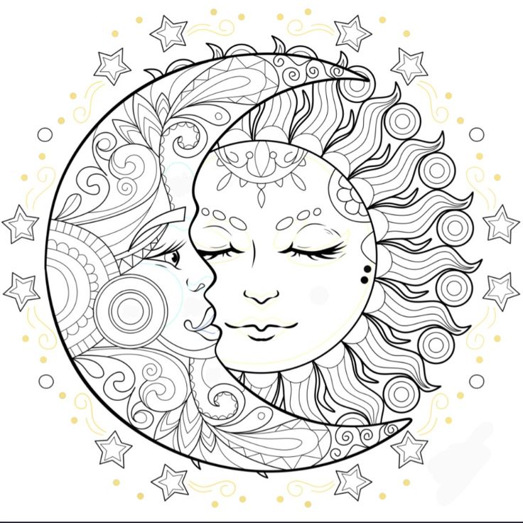 a coloring book page with a sun and moon in the middle, surrounded by stars