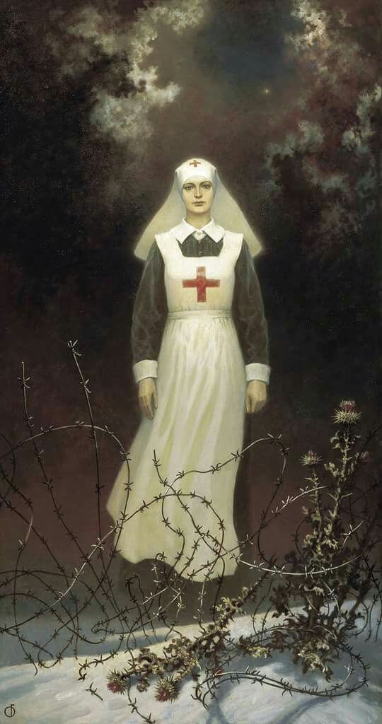 a painting of a nun standing in the snow with her hands on her hips and wearing a white dress