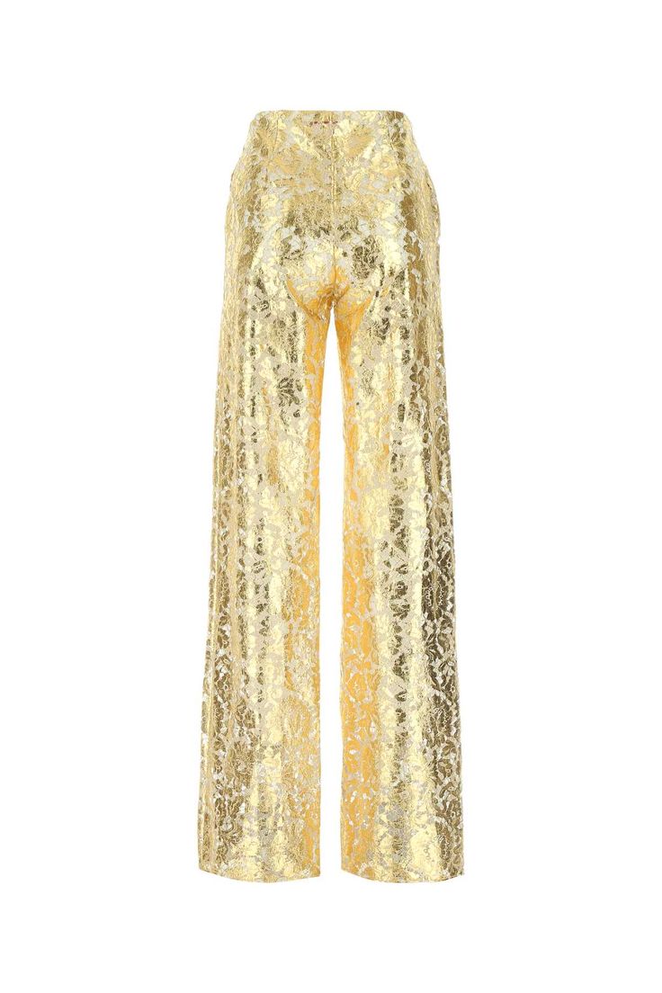 Gold Lace Pant Luxury Wide-leg Evening Bottoms, Luxury Wide-leg Pants For Evening, Luxury Spring Bottoms For Night Out, Luxury Bottoms For Night Out In Spring, Luxury Gold Party Bottoms, Luxury Full Length Evening Pants, Luxury Full-length Evening Pants, Luxury Wide Leg Bottoms For Night Out, Gold Evening Trousers