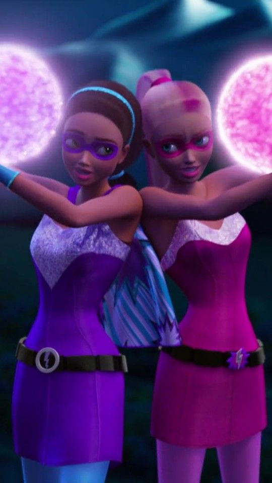 two animated women standing next to each other with their arms around one another and glowing lights in the background