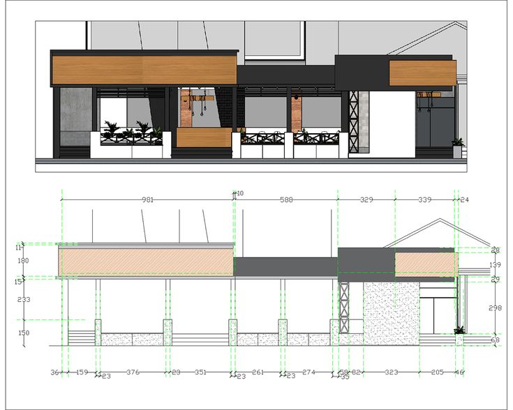 an architectural drawing shows the front and side views of a small, modern building with two levels