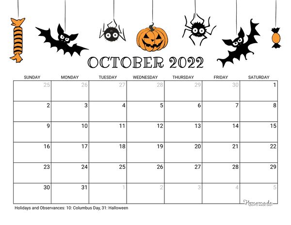 a calendar with bats and pumpkins hanging from it's sides for the month