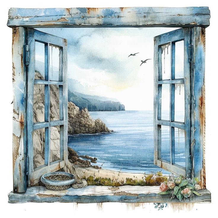 an open window overlooking the ocean with birds flying in the sky and water behind it