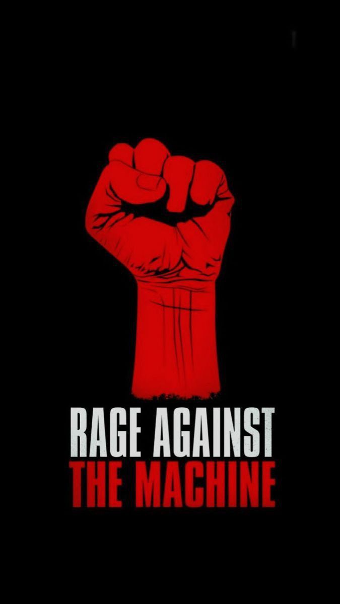 rage against the machine poster with red fist in front of black background and text that reads rage against the machine