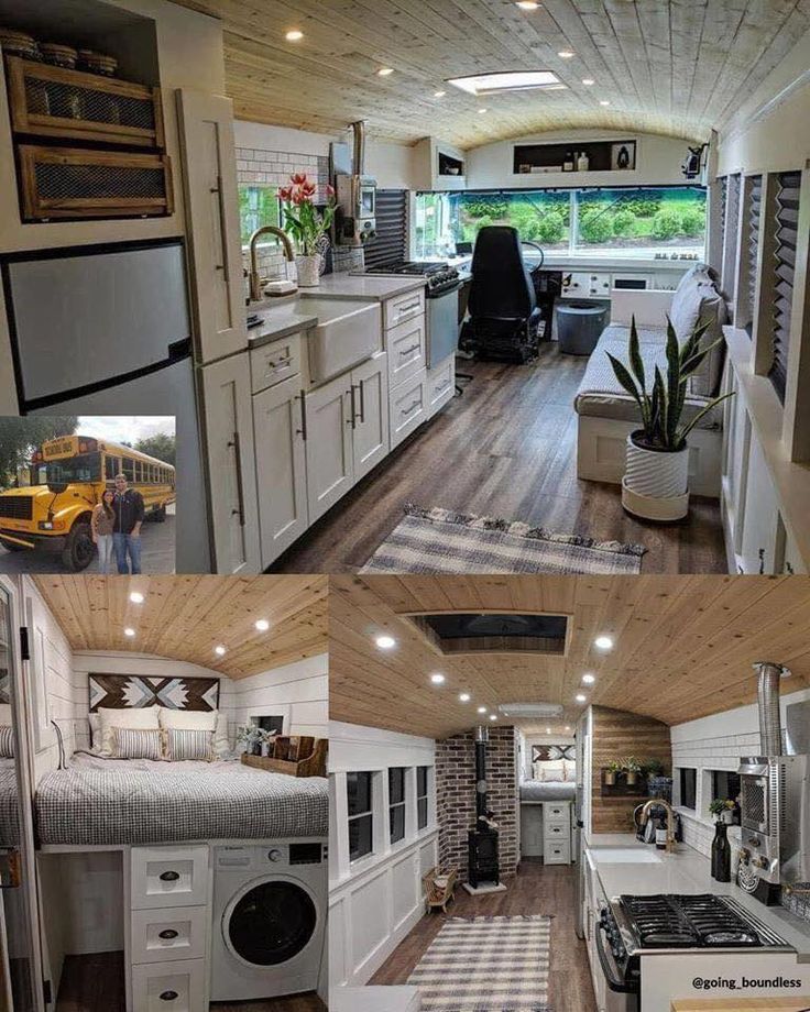 this is an image of a kitchen and living room in a mobile home or camper