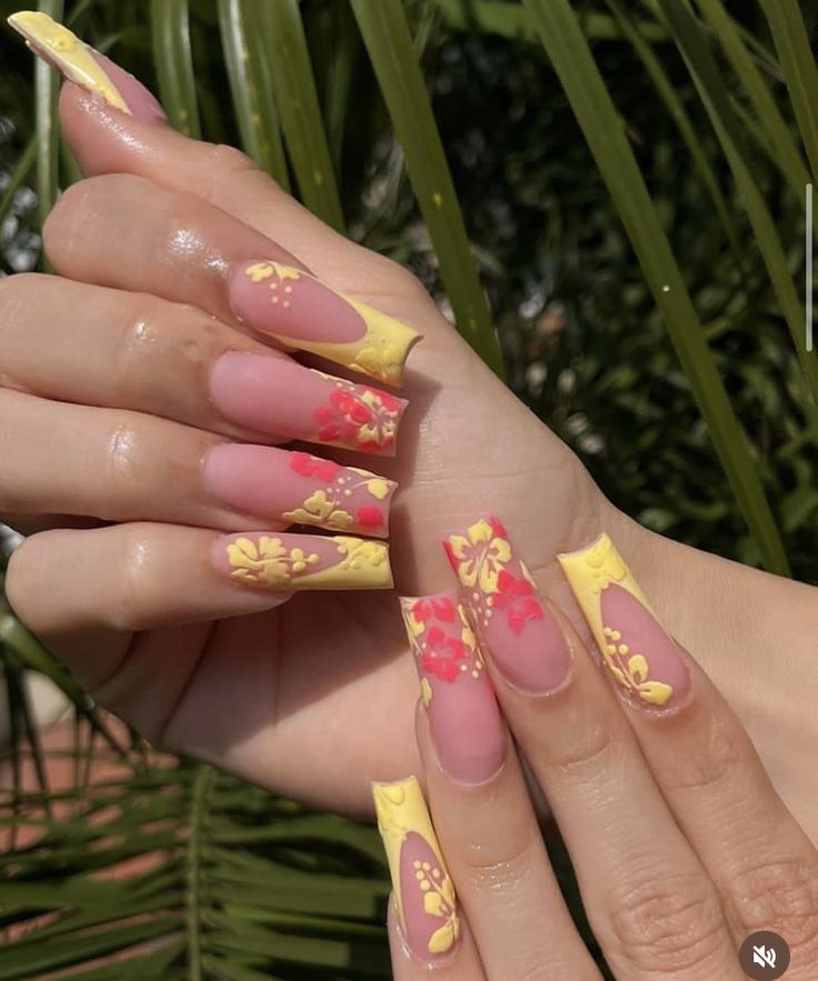 Island Nails, Hawaiian Nails, Hawaii Nails, Retro Nails, Acrylic Toe Nails, Spring Acrylic Nails, Summery Nails, Girly Acrylic Nails, Vacation Nails