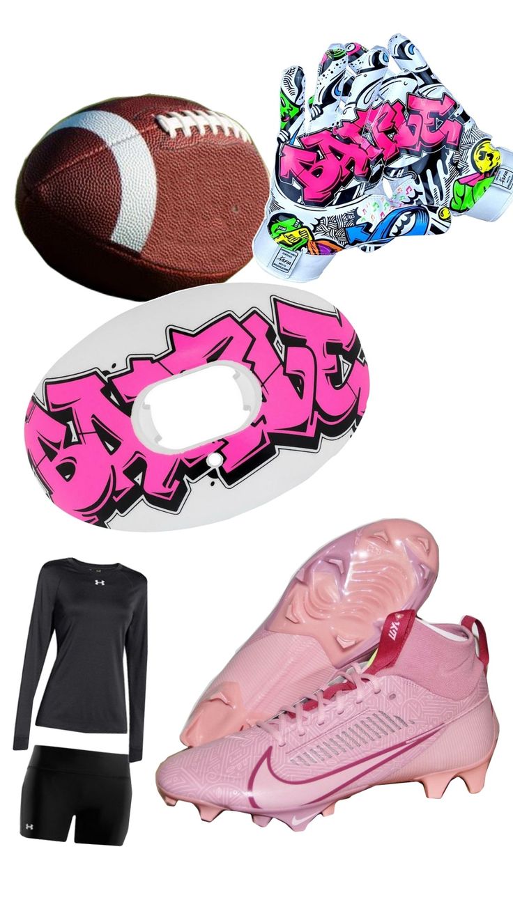 various sports items including a football, pink shoe, black shirt and leggings