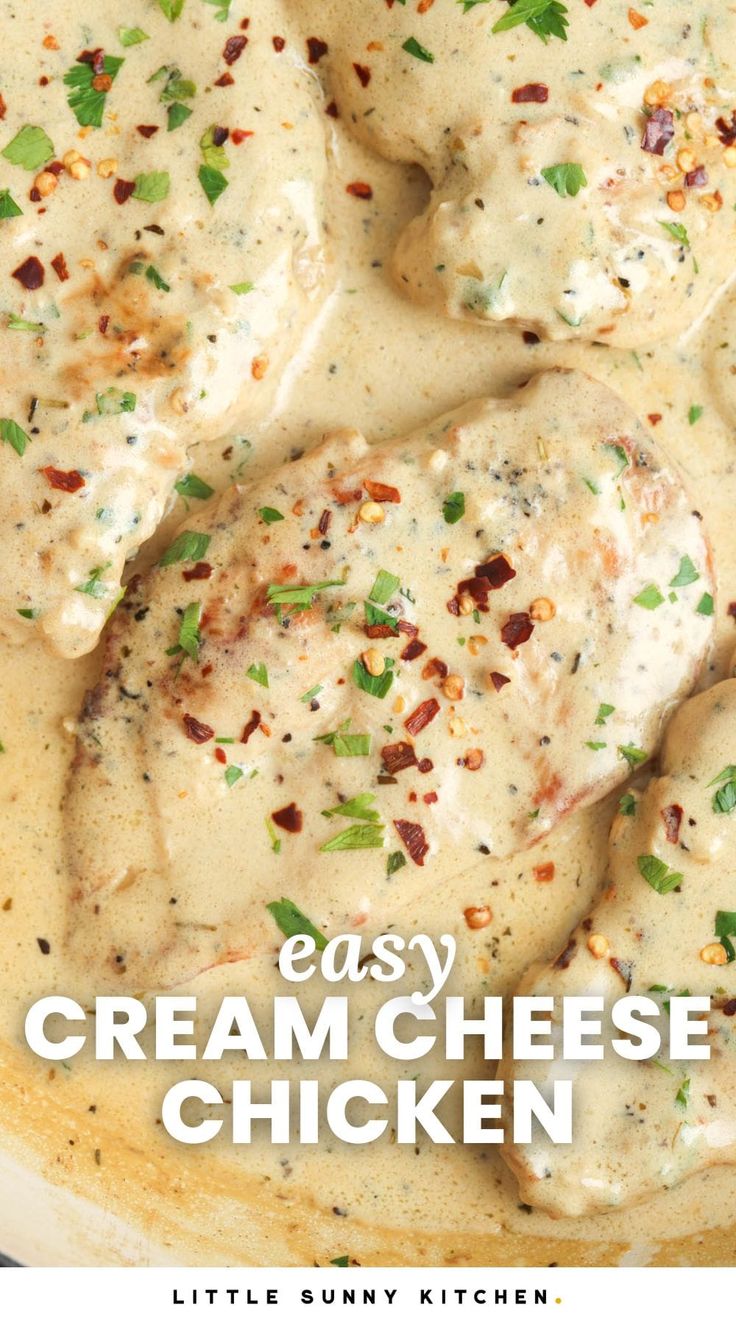 chicken with cream sauce and parsley on top in a white bowl text overlay reads easy cream cheese chicken