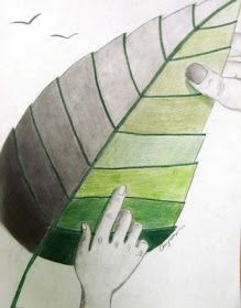 a drawing of a hand reaching for a leaf