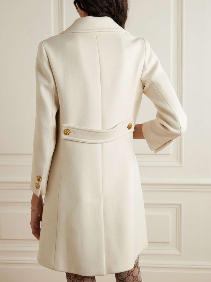 GUCCI Button-embellished wool coat Luxury Cream Outerwear With Double Button Closure, Gucci Long Sleeve Cream Outerwear, Gucci Double-breasted Office Outerwear, Gucci Double-breasted Outerwear For Office, Luxury Beige Double-breasted Wool Coat, Gucci Cream Long Sleeve Outerwear, Luxury Cream Double-breasted Outerwear, Gucci Elegant Blazer With Double Button Closure, Classic Gucci Double-breasted Blazer