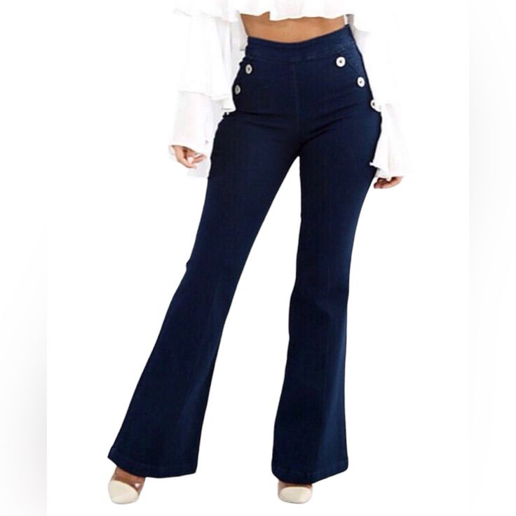 Wide Leg Dark Denim Pants All 3 Sizes They Have A Bit Of Stretch Really Good Material. Chic Flare Denim Pants, Non-stretch Wide Leg Flare Jeans With Button Closure, Chic Dark Wash Denim Pants, Summer Flare Wide Leg Denim Pants, Blue Denim Flare Jeans With Button Closure, Casual Flare Bottoms With Button Closure, Wide Leg Blue Flare Jeans For Fall, Chic Flare Denim Blue Pants, Spring Wide Leg Jeans With Buttons