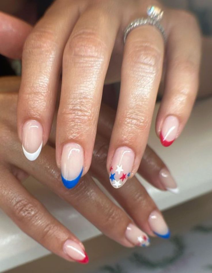 Nail Ideas For Fourth Of July, Fourth Of July French Tip Nails Almond, Short Almond Nails Fourth Of July, White French Tip 4th Of July Nails, Forth Of July Nails French Tips, Gel Fourth Of July Nails, Summer Nails 2024 Fourth Of July, Cute Summer Fourth Of July Nails, Nails For July Summer