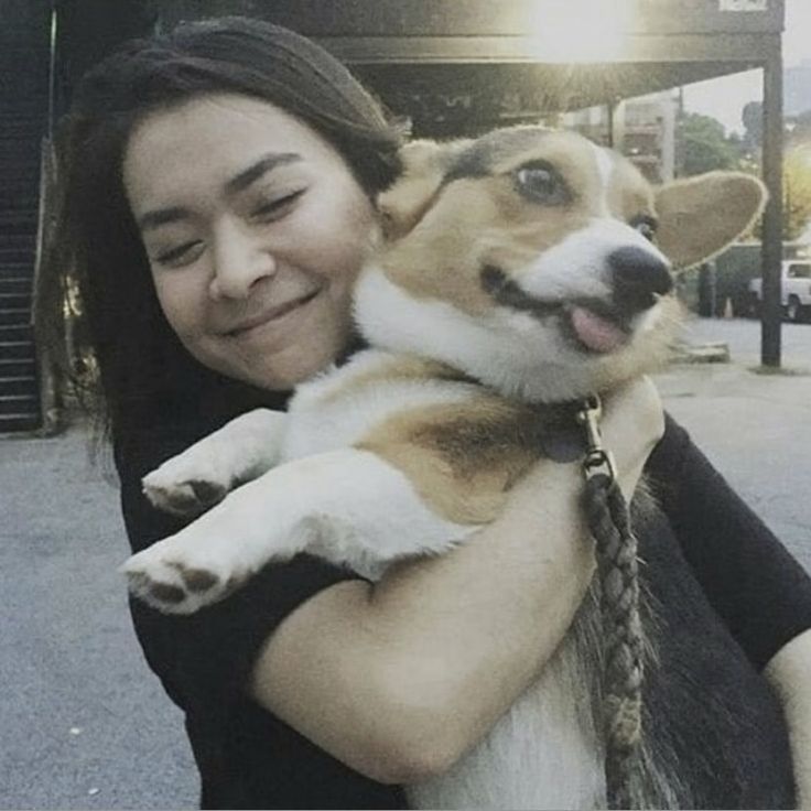 a woman holding a small dog in her arms on the side walk with stairs behind her