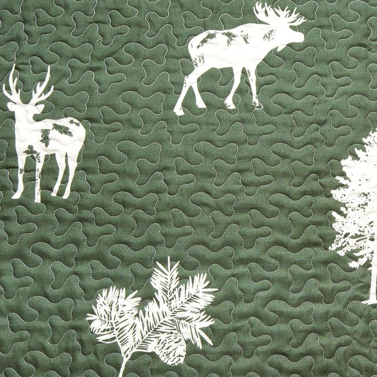 an image of deer and pine trees on a green background with white outlines in the middle