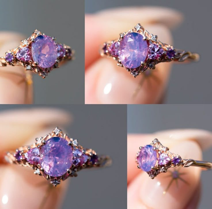 four different views of an engagement ring with purple stones