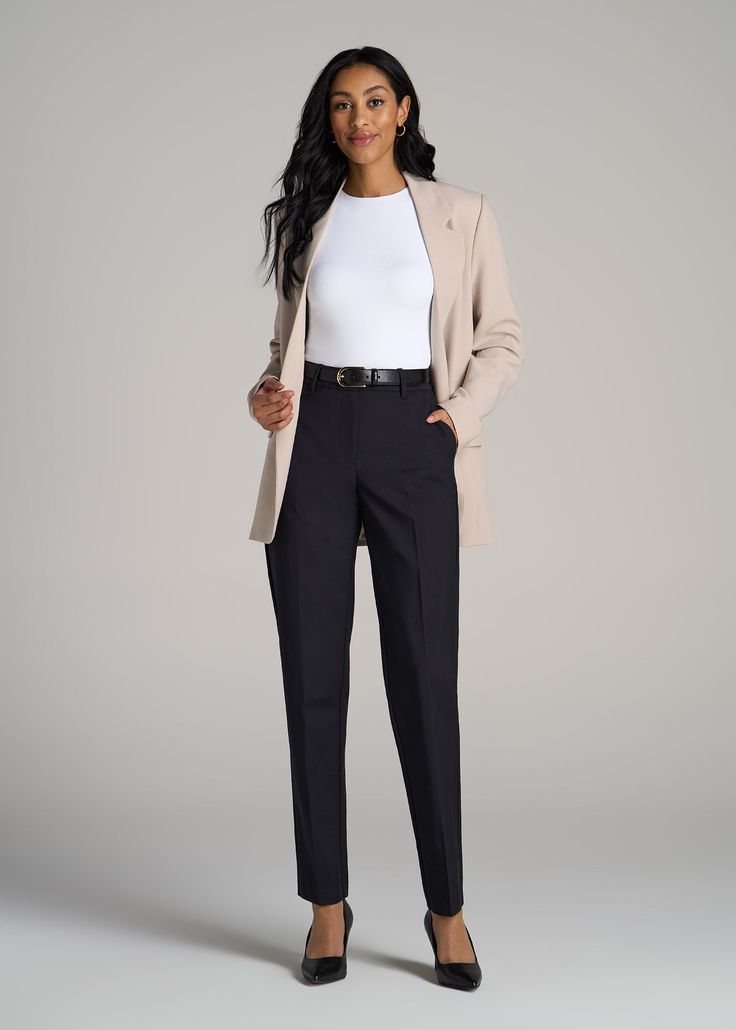 Chic and Sophisticated Women's Tall Dress Pants Elegance in Every Seam Our Flat Front Tapered Dress Pants for tall women are a testament to American Tall's commitment to empowering women over 5'9" with fashion that fits. These pants, crafted with a blend of cotton, nylon, and elastane, offer a comfortable, high-rise fit that's both flattering and functional. The tapered design and full-length cut ensure a sleek silhouette, perfect for both office and casual settings. These tall women's dress pan Women Attorney Fashion, Shoes For Tapered Pants, Tapered Slacks Women, Work Outfits For Short Women, Dressy Dinner Outfit Winter, Women’s Dress Pants, Professional Wear For Women, Style For Tall Women, Womans Trousers