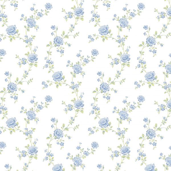 a white and blue flowered wallpaper with green leaves on the bottom right corner