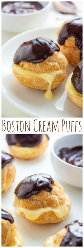 boston cream puffs with chocolate frosting on top and in the background are white plates