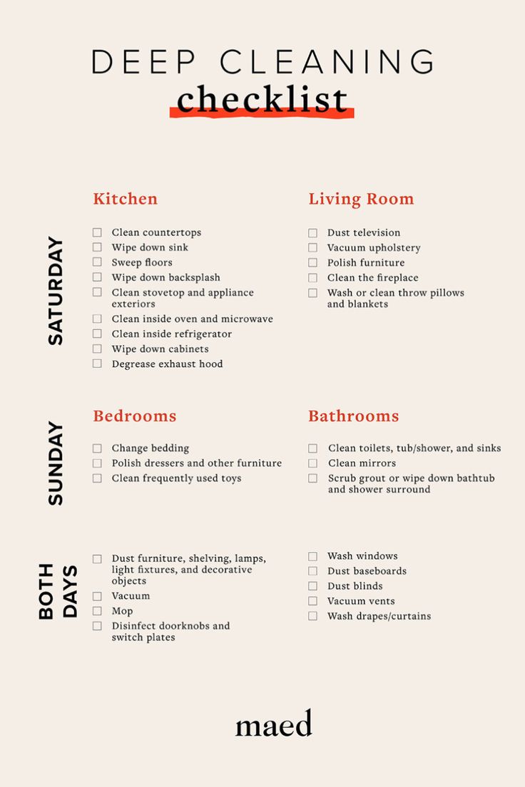 the cleaning checklist is shown with red and black text on it, along with other items