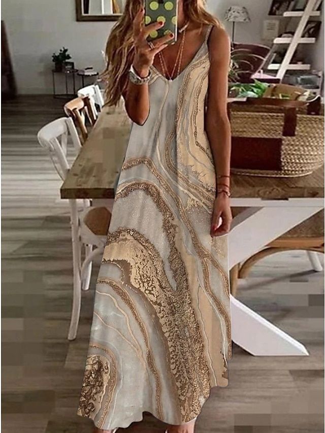 Women's Casual Dress Long Dress Maxi Dress Khaki Sleeveless Print Print Spring Summer V Neck Casual Weekend 2023 S M L XL XXL 3XL 2023 - US $23.99 Women's A Line Dresses, Cheap Dresses Casual, Cold Shoulder Maxi Dress, Suspender Dress, Khaki Dress, Vanuatu, Samoa, Dress Maxi, Mongolia