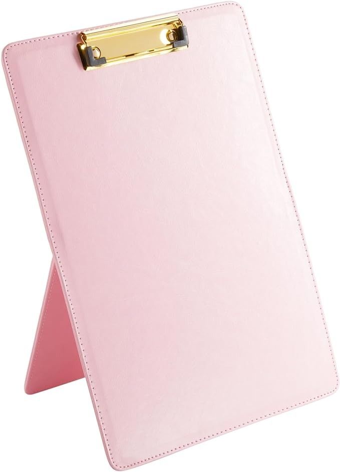 a pink clipboard with a gold handle