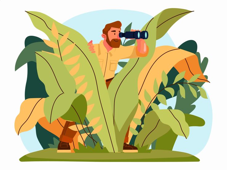 a man with a beard is looking through a telescope into the distance while surrounded by tropical plants