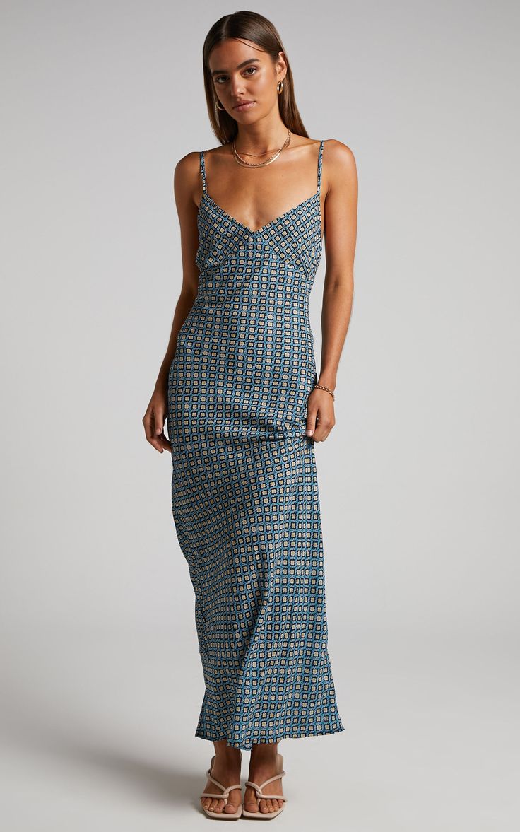 Brunita Midi Dress - V Neck Low Scoop Back Slip Dress in Tile Geo | Showpo USA Midi Slip Dress, Tile Print, Chunky Sneakers, Guest Dresses, Pretty Dresses, Fashion Inspo Outfits, Casual Dresses, Slip Dress, Summer Outfits