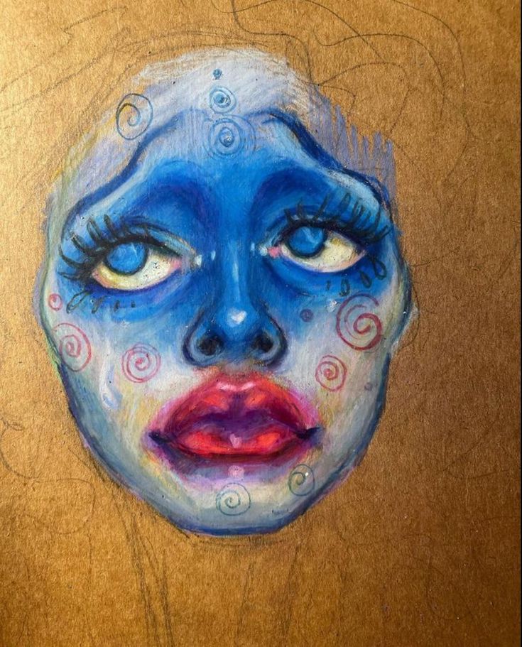 a drawing of a woman's face with blue makeup