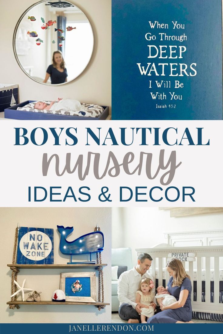 two photos with the words boys'nautical nursery ideas and decor on them, including a mirror