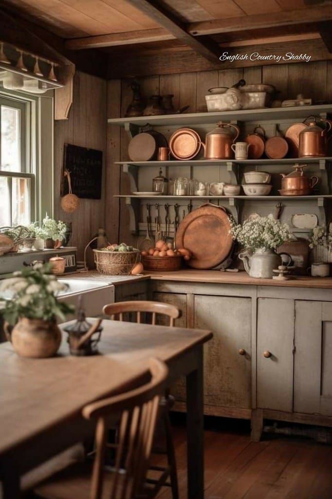 an old fashioned kitchen with lots of pots and pans