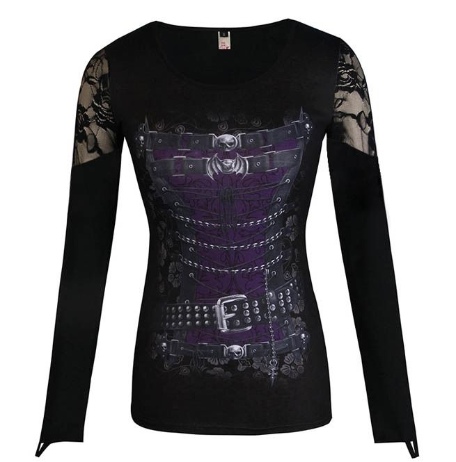 Punk Skull Cross Print Lace Patchwork O Neck Slim Fit Sexy Top Tees Shirt Gothic Stretch Tops For Club, Black Emo Tops For Club, Fitted Graphic Print Emo Tops, Gothic Long Sleeve Halloween Tops, Fitted Emo Tops For Fall, Gothic Long Sleeve Tops For Halloween, Halloween Punk Stretch Tops, Long Sleeve Tops With Skull Print, Emo Long Sleeve Halloween Tops