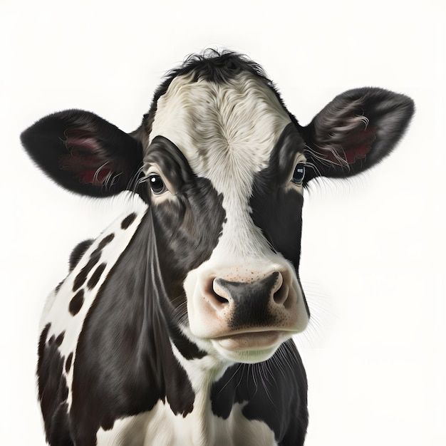 a black and white cow is looking at the camera while standing in front of a white background