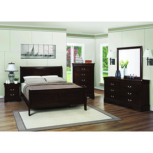 a bedroom scene with focus on the bed, dresser and mirror in the room's center