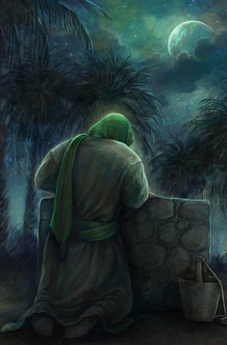 a painting of a person sitting on a stone bench looking at the moon and palm trees