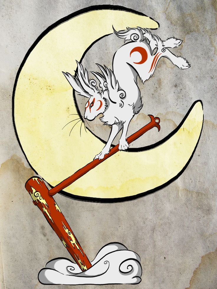 a drawing of a cat on top of a half moon with a bat in the foreground