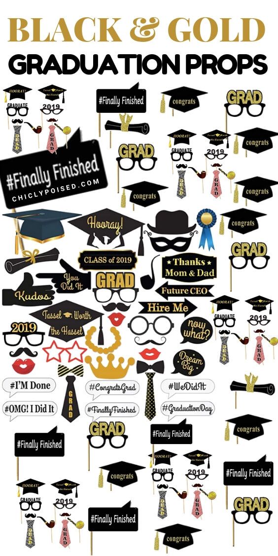 black and gold graduation props are arranged in the shape of hats, gowns, glasses