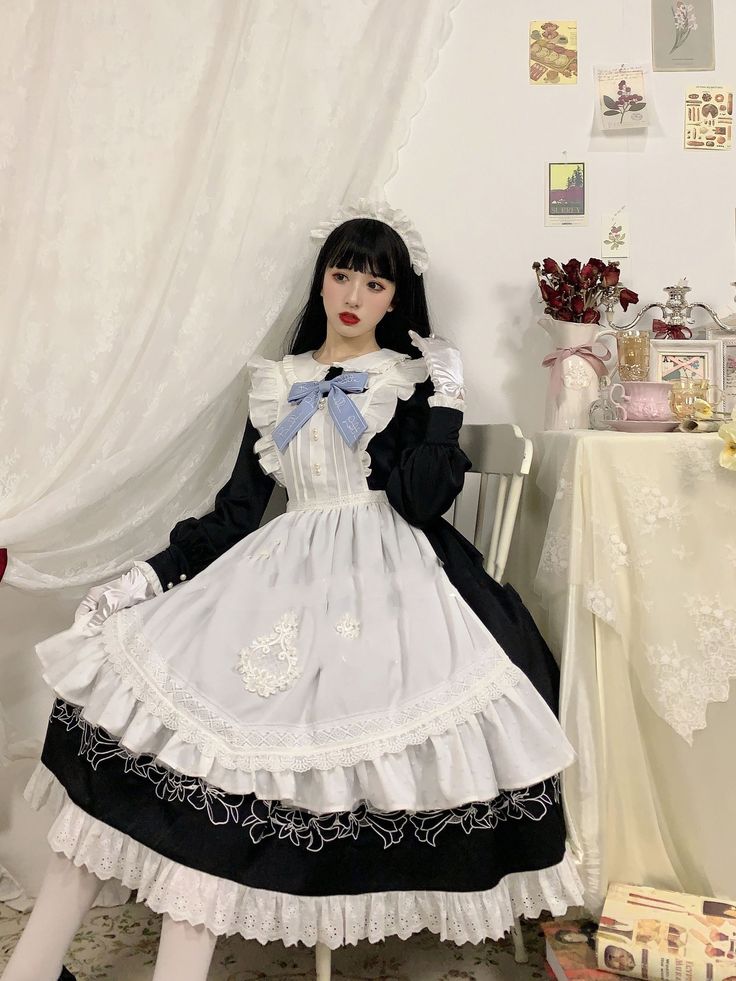 Features: It features a peter pan collar with ruffle-trimmed, long bishop sleeves, heart-shaped embroidery front, elegant dress.  Attention: This price includes the OP only, white apron and others are not included.  Size Chart of OP:   	 		 			Size(cm) 			S 			M 			L 			XL 			XXL 		 		 			Bust 			78-84 			84-88 			88-92 			92-96 			96-100 		 		 			Waist 			58-64 			64-68 			68-72 			72-76 			76-80 		 		 			Dress length 			110 			112 			114 			116 			118 		 		 			Sleeve length 			58 			59 			60 White Puff Sleeve Dress For Costume Party, White Doll Collar Dress For Costume Party, White Vintage Victorian Dress For Costume Party, White Dress With Ruffles And Peter Pan Collar, Cute White Dress With Ruffled Collar, Elegant White Dress With Peter Pan Collar, Spring Victorian Costume Dress With Long Sleeves, Spring Victorian Long Sleeve Costume Dress, White Victorian Dress For Spring Party