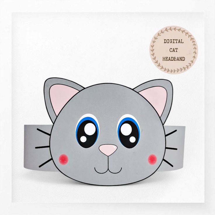 a gray cat headband with blue eyes on it's face and the words digital cat headband